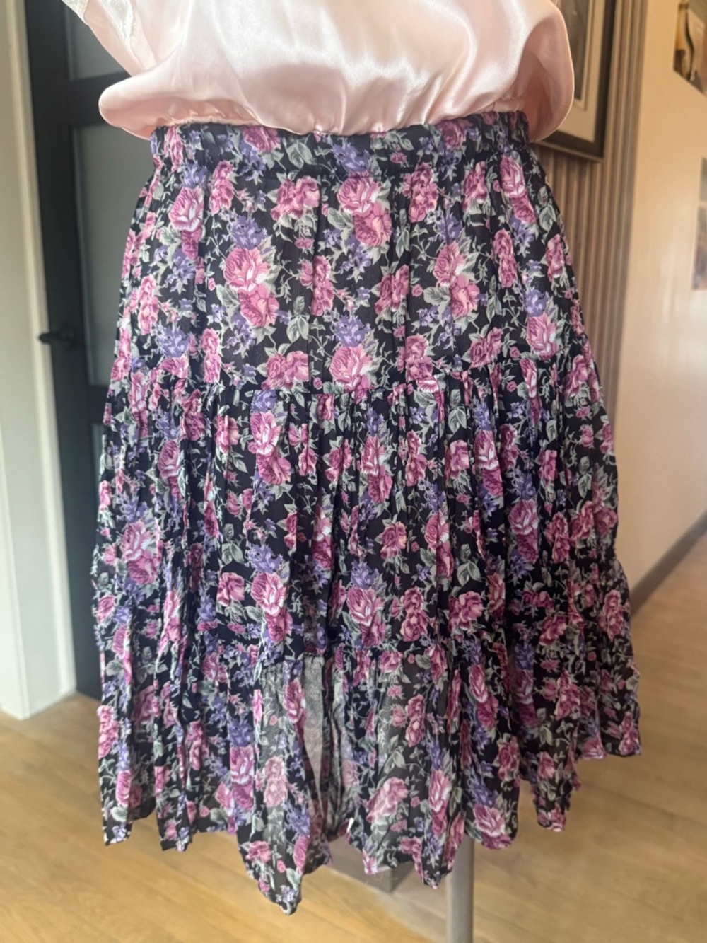 VTG Floral Tiered Midi Skirt | Black w/ Pink, Purple Roses | Sz XS